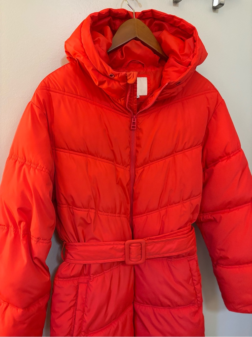 A New Day Red Orange Hooded Long Puffer Coat w Zipper + Belt Women’s Medium